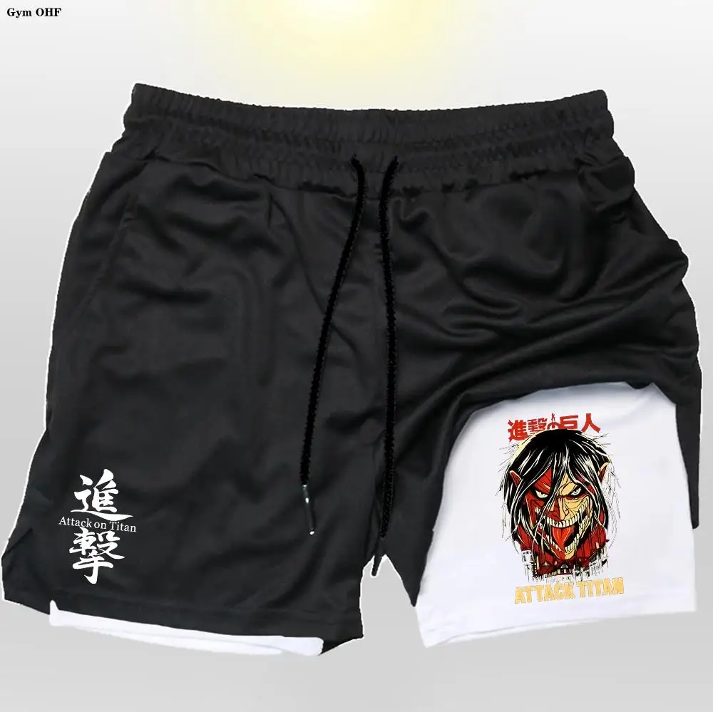 Men Running Shorts 2 In 1 Double Deck Quick Dry Gym Sportswear Fitness Workout Training Male Short Pants Anime Attack On Titan