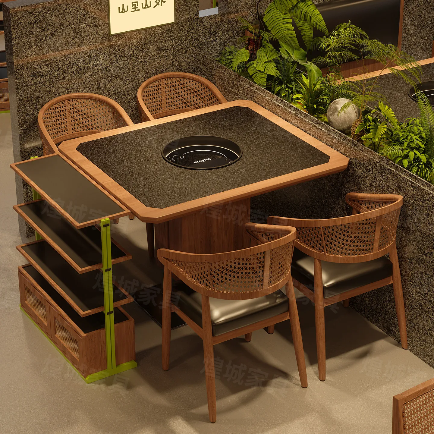 Yamano Wind Restaurant Card Seat Catering Solid Wood Marble Hot Pot Table and Chair Induction Cooker Integrated Commercial
