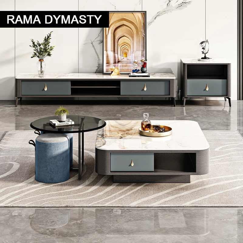 

Light Luxury Simple Slate Tabletop TV Cabinet and Glass Round Coffee Table Combination with Storage Space for Living Room