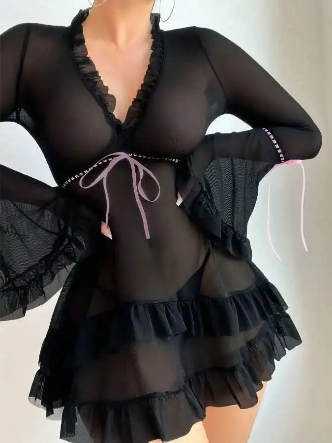 โปร่งใสลูกไม้ตาข่ายเซ็กซี่แขนยาว V คอสีทึบชุด Charming Casual Pure Desire สวยหวาน 5K6X