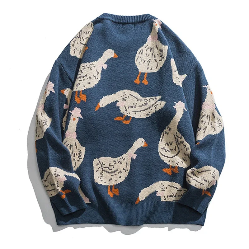 Suéter de punto japonés para hombre, jersey con estampado de dibujos animados de animales, pato, ganso, Harajuku, informal, cuello redondo, Top de