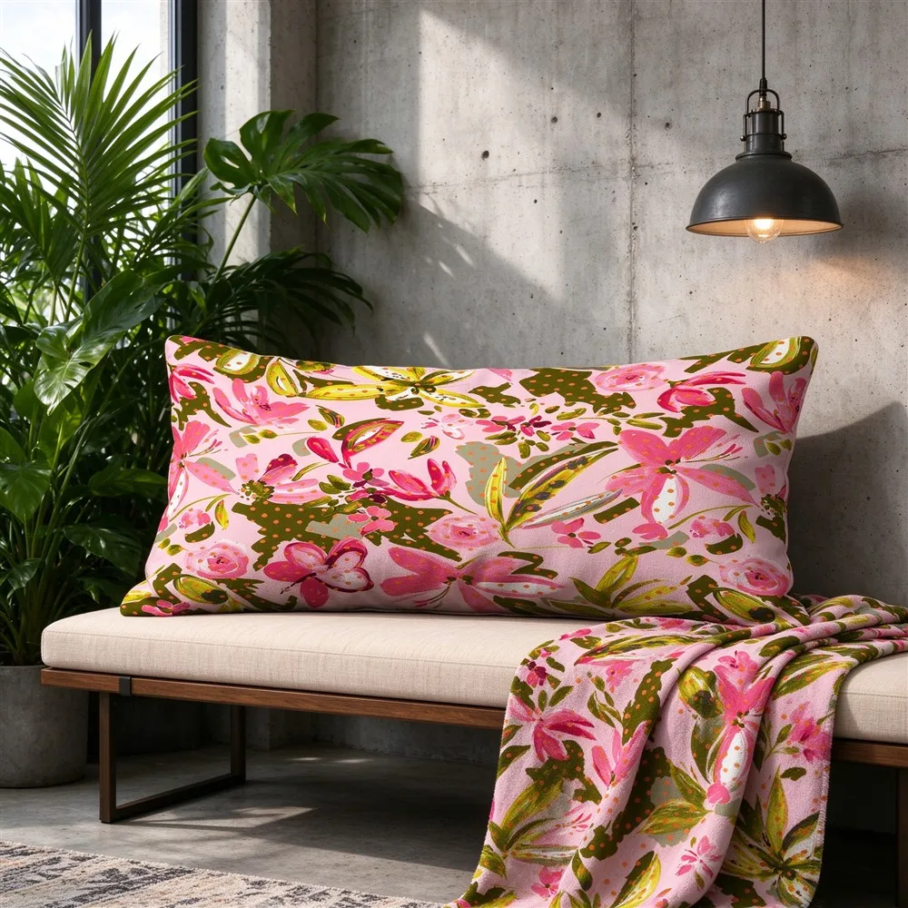 Pink Green Tropical Bloom Print Long Pillow Cover, Tropical Style, Loft Decorative, Polyester, Thank You Gift, Plush Feel