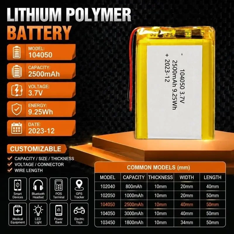 [New] 100pcs 104050 polymer lithium battery 2500mAh electronic toy gloves 3.7V battery cell energy storage power supply