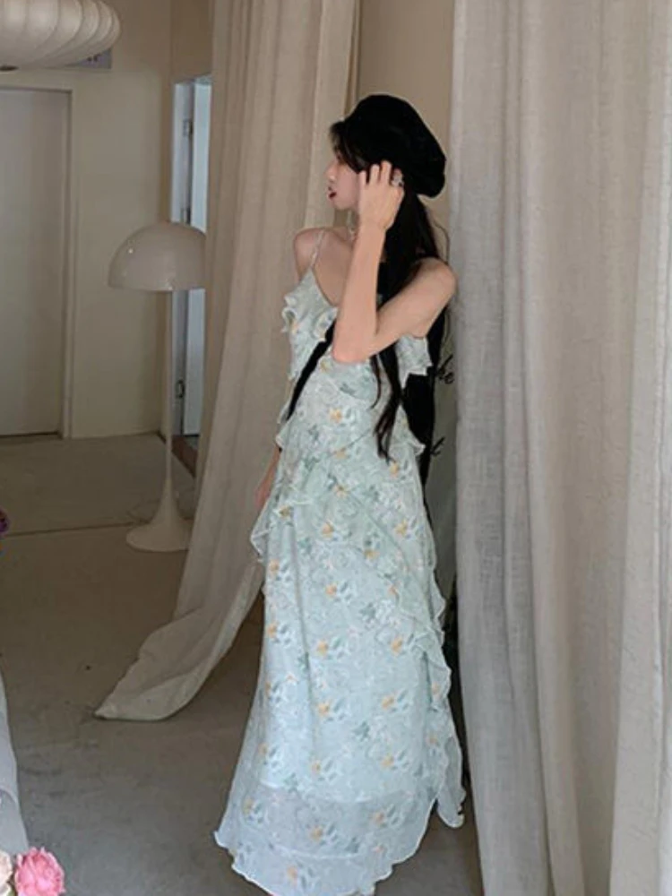 여성용 프릴 페어리코어 미디 드레스, 프렌치 스타일, 빈티지 프린트, 세련된 미적, 불규칙 디자인 공주, 여름