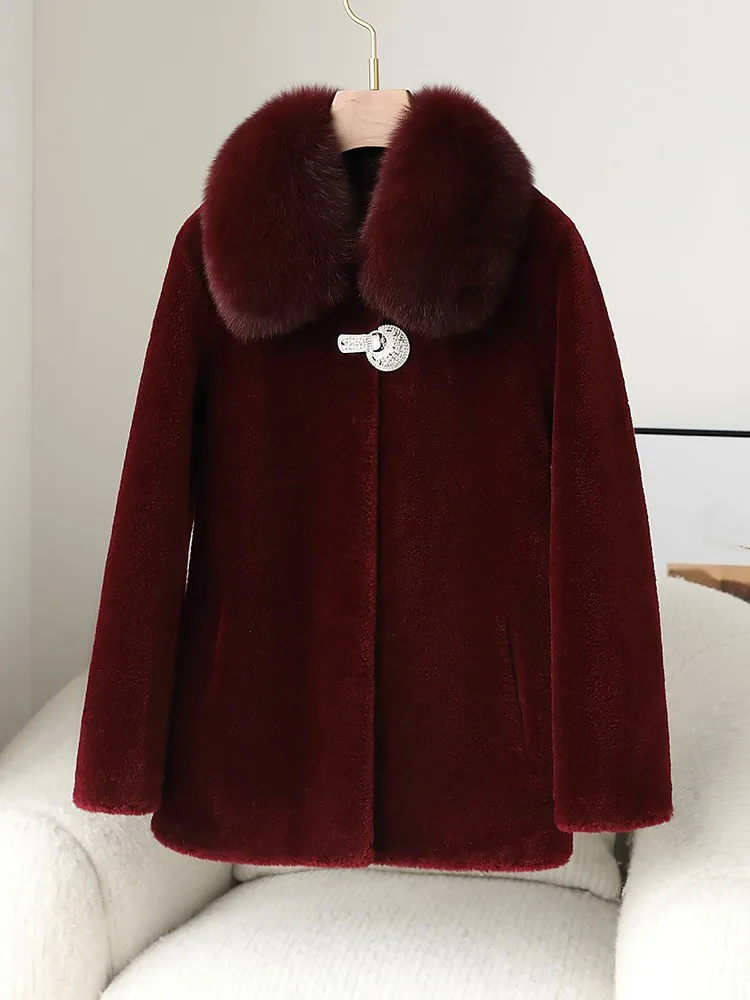 Manteau de tonte de mouton vintage pour femme, col en fourrure de renard de luxe, pardessus d'hiver, manches longues, bouton unique, veste en laine pour femme de bureau, nouveau