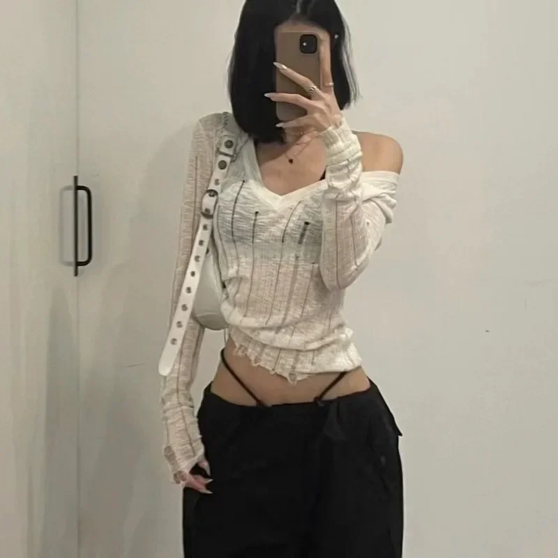 Women's Knit Sweater Hollow Out Knitwear Neck Pullovers Spring See Through Jumper Harajuku Fashion