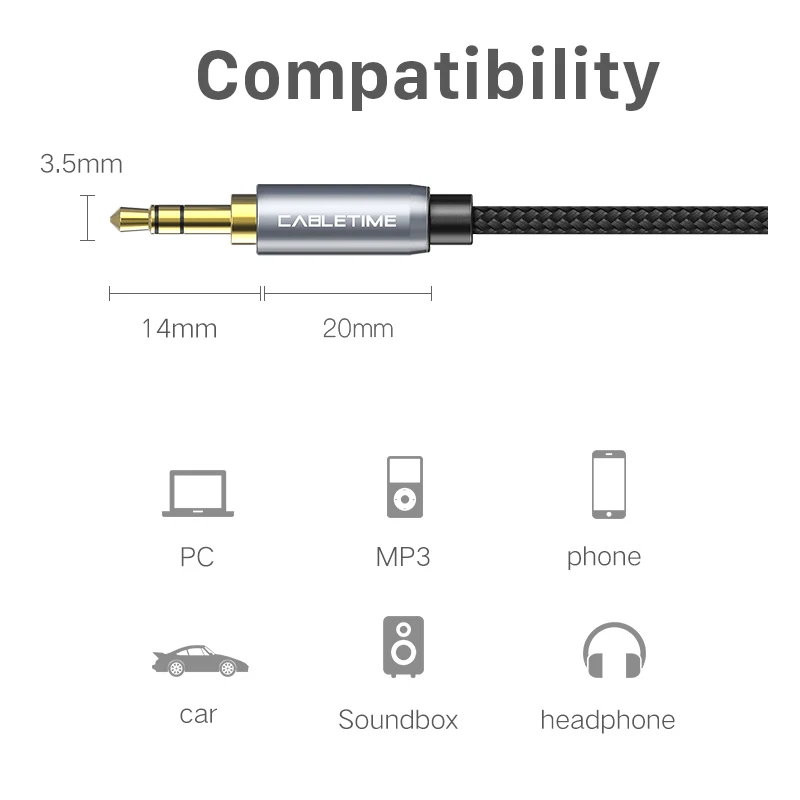 CABLETIME Jack Headphone Upgrad Grey Audio Cable Jack 3.5 Aux Extension Cable M/F for Car Laptop Mini PC TV Xiaomi Huawei