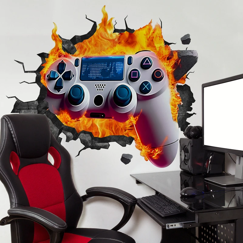 Flame Walls Hole Art Cool Game Gamepad Vinyl Mural Stickers Self Adhesive Home Decoration for Kids Room Gamer Zone Gaming Poster