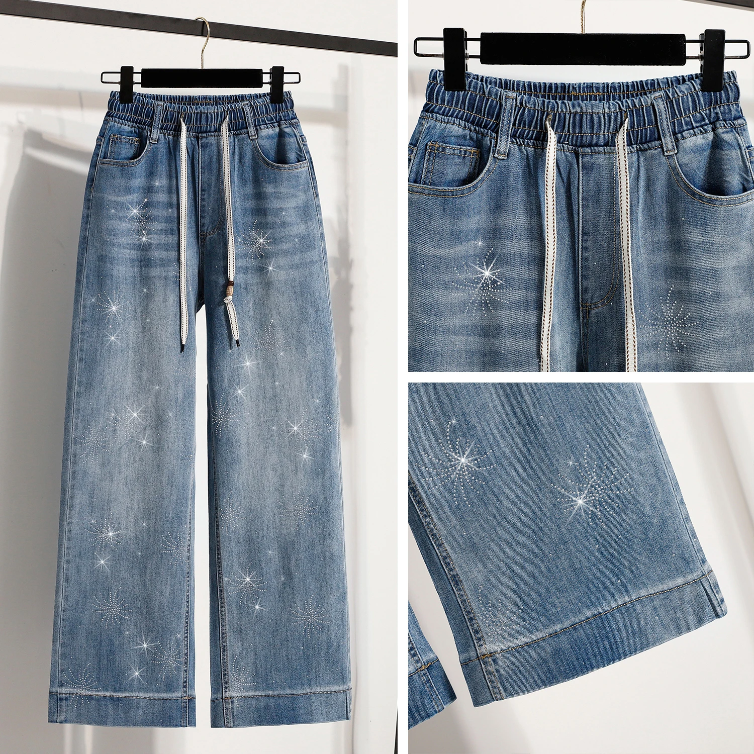 Casual Wide Leg Denim Jeans Cotton Washed Blue Elastic Waist Adjustable Waist Size Conceal Meat Slimming Effect