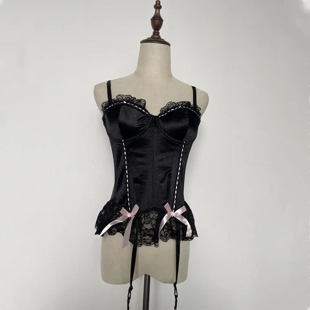 New Elasticity Corset Top Women Sexy Lace Gather Slimming Push Up Bra Underwear Body Bustier Overbust Bowknot Corset with Straps