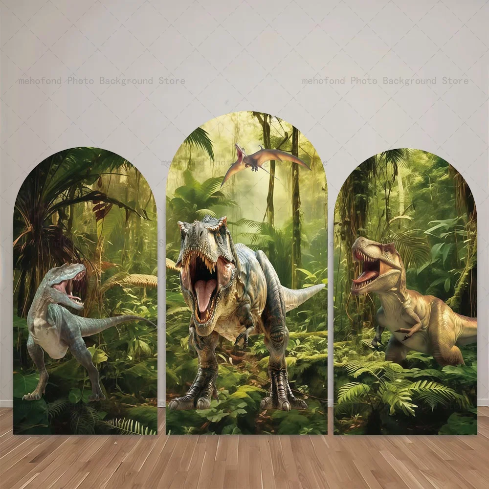 

Фон с аркой Mehofond, ревущий динозавр, джунгли, туман, тема, детский декор для дня рождения, студийный фон для фотосъемки