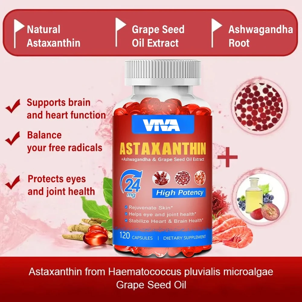 Astaxanthin Supplement with Grapeseed Oil, Ashwagandha - Antioxidant, Skin, Eye Health, Anti-Aging - Non-GMO, Gluten Free