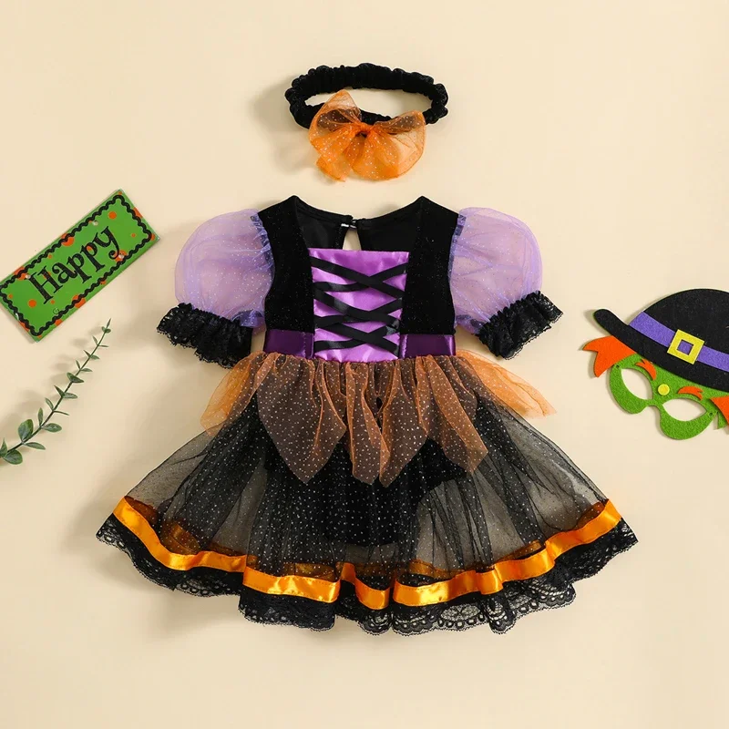 Newborn Girl Halloween Witch Costume Puff Sleeve Tulle Patchwork Romper Dress with Headband Halloween Clothes