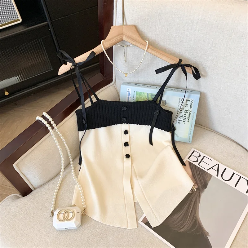 Top de Alça Tricotado Retro para Mulheres, Vestuário de Verão ao Ar Livre, Tamanho Pequeno, Comprimento Esportivo