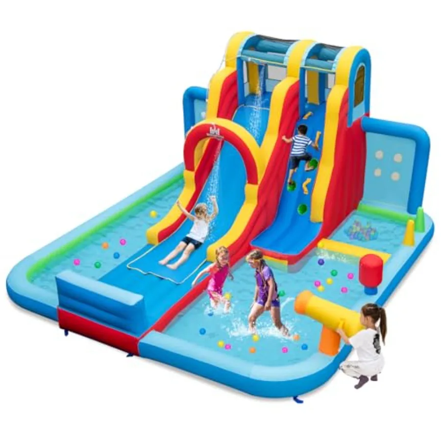 Inflatable Water Slide 14x13FT for backyard parties PVC material blue and yellow extra-long racing slide with ball pit ring-tos