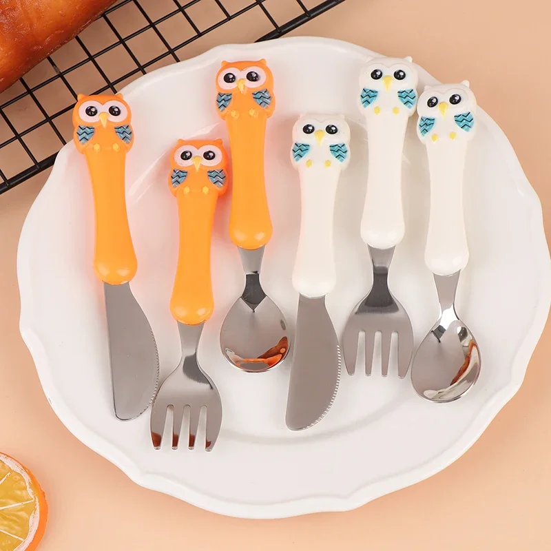 3pcs 304 Stainless Steel Children Knife Fork Spoon Kids Cutlery Set with Storage Box Cute Portable  Children's Feeding Utensils