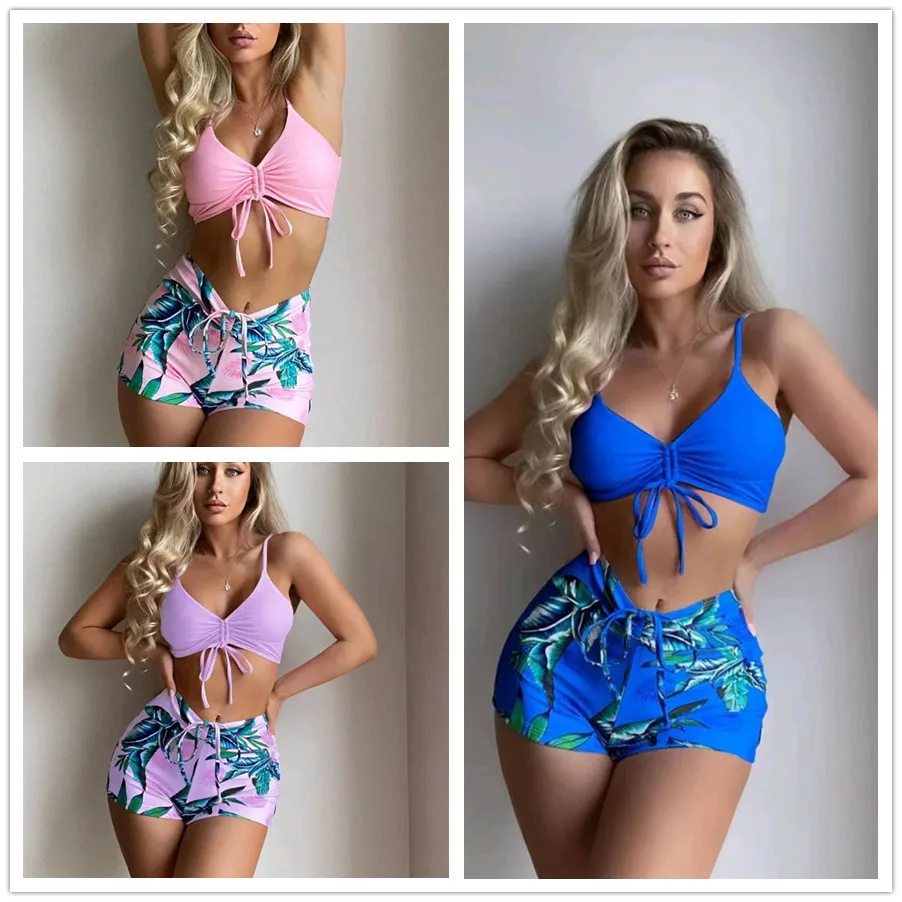 

Новый женский купальник-бикини, комплект из двух предметов, трусы через плечо (3) из нейлонового материала с накладкой на грудь, без стальной поддержки
