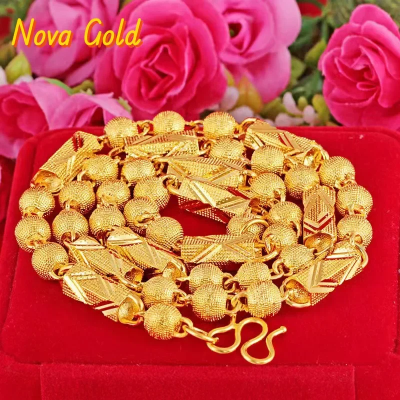 NovaGlod 999924K real gold cloth pattern hexagonal cylindrical necklace frosted cylindrical national trend necklace semi-solid f