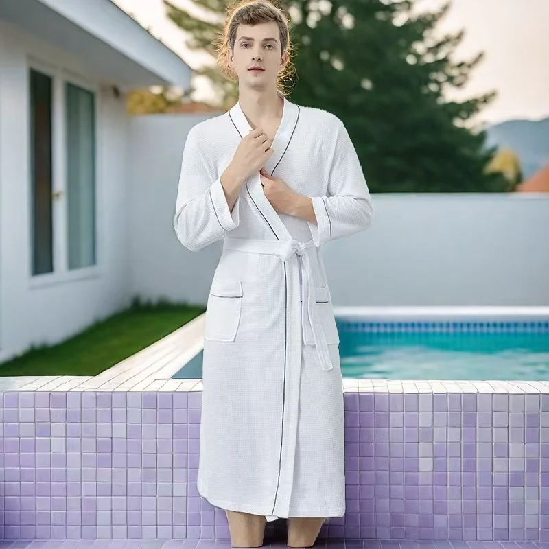 

Men Bathrobe Summer 100% Cotton Kimono Bath Robe Suck Water Mens Dressing Gown Sexy Knitted Waffle Spa Robes Male Solid Bathrobe