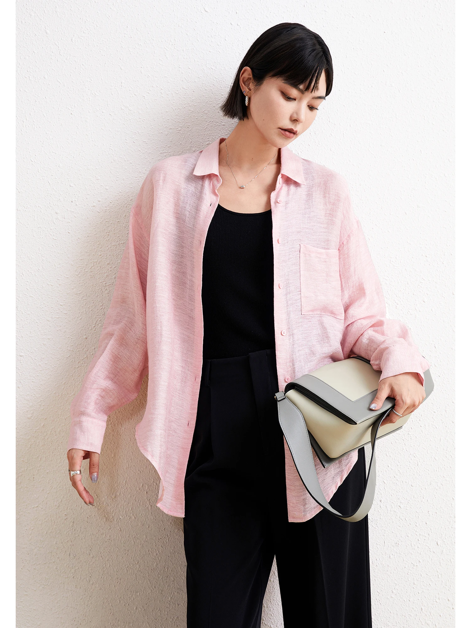 

ChangDX Rose And Rose Water Wide And Drifting Summer Sun Protection Linen Long Sve irt Women's Commute Sle Loose Fit