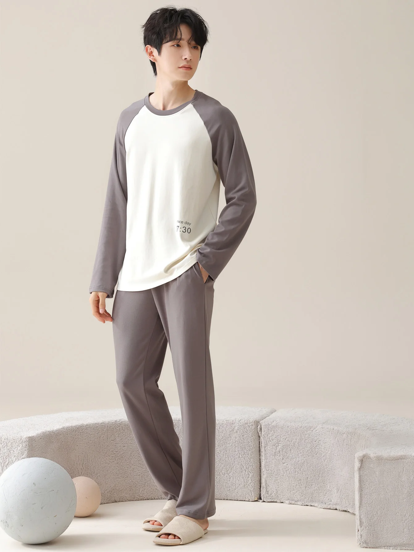 ملابس نوم رجالية 100% قطن بأكمام طويلة للفصول الأربعة مقاس كبير، طقم بدلة منزلية من القطن الخالص للمراهقين للدفء #6