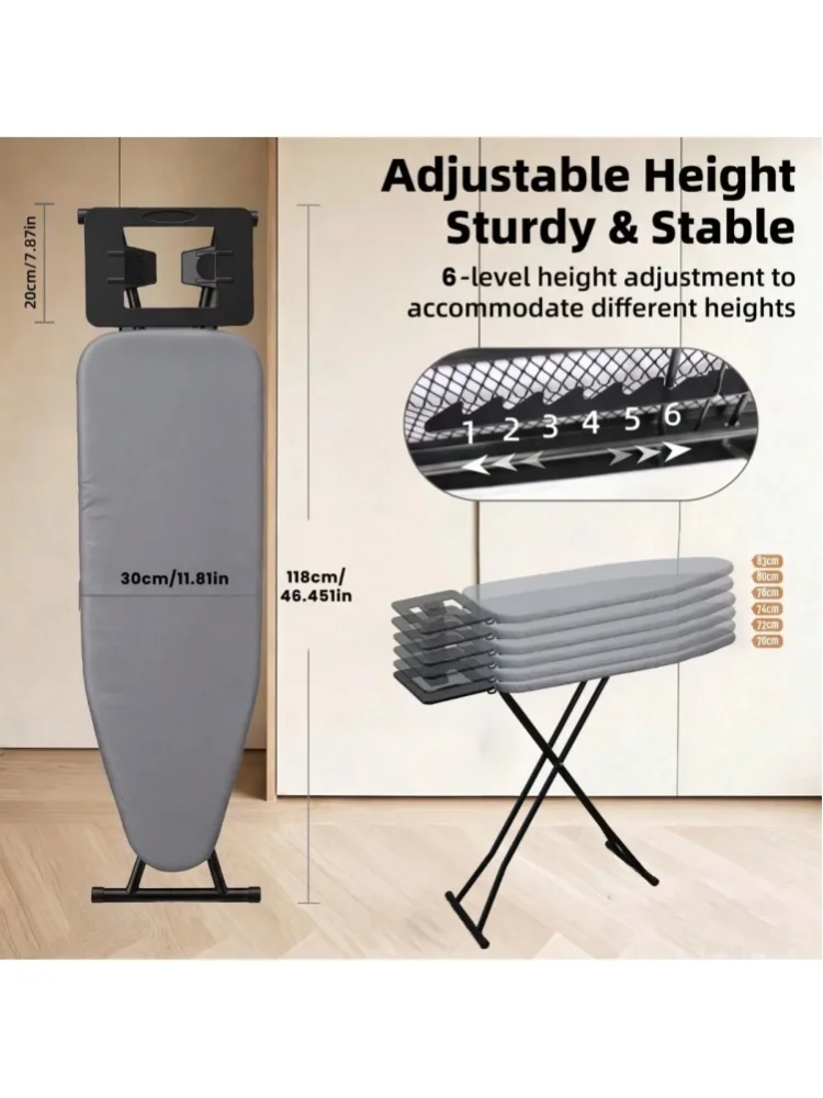 Klappbares Bügelbrett, 118 x 30 cm Oberfläche, 6 Höhenpositionen, Inklusive Bügeleisenhalter, Faltbares Design mit Verriegelungsmechanismus, Schwarz & Grau Optionen