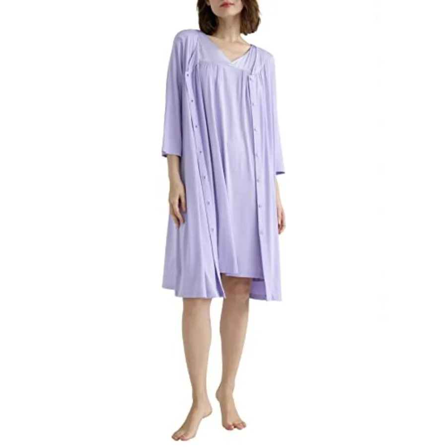 Women's Viscose Nightgown and Robe Set Button Front Housecoat