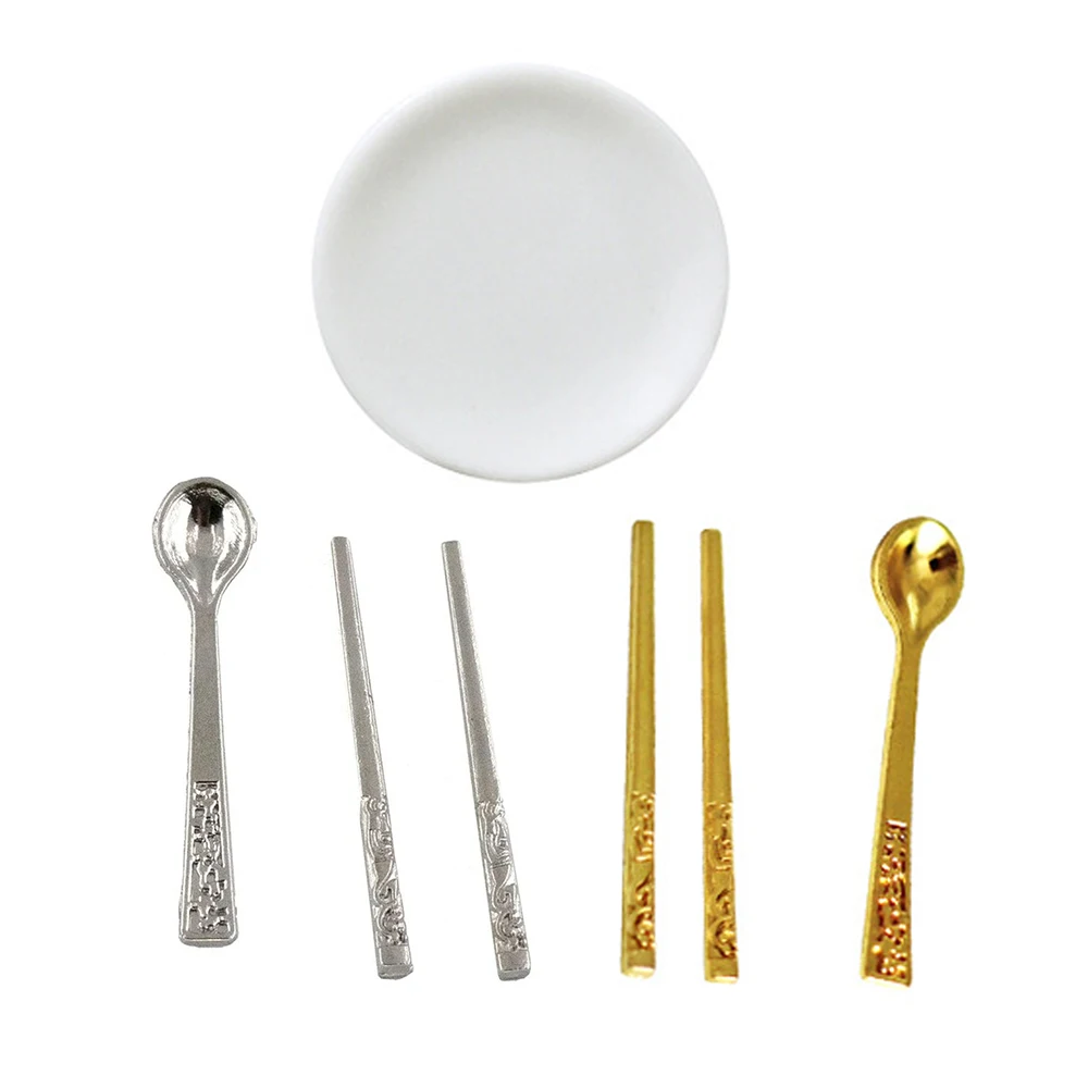 1/12 Dollhouse Miniature Alloy Chopsticks Spoon Dish set Tableware Model Toy for Doll House Accessories Decoration ob11 bjd
