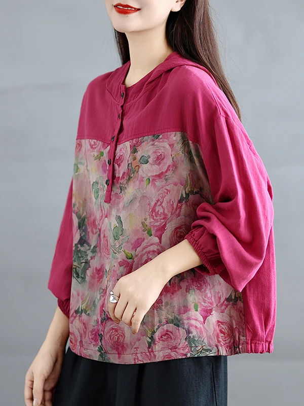 초가을 빈티지 스플라이스 컬러 블록 코튼 얀 후드 루즈 맘 셔츠 다용도 긴 소매 통기성 피부 친화적