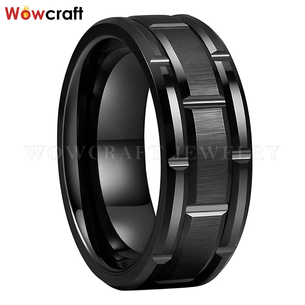 Classic Brick Pattern Black Brushed 8mm Mens Tungsten Carbide Wedding Band Free Inside Engraving Engagement Ring Comfort Fit