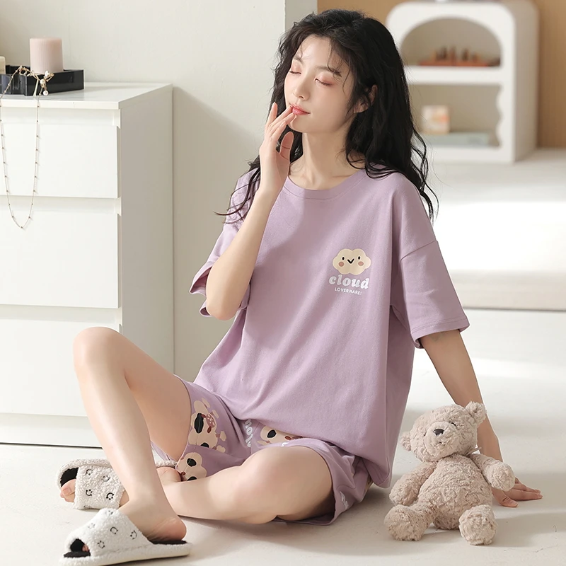 Women Pajamas Sets Soft Homewear Summer Knit Cotton Short Sleeves Shorts Pyjamas Cute Cartoon Sleepwear Female Pijamas Mujer