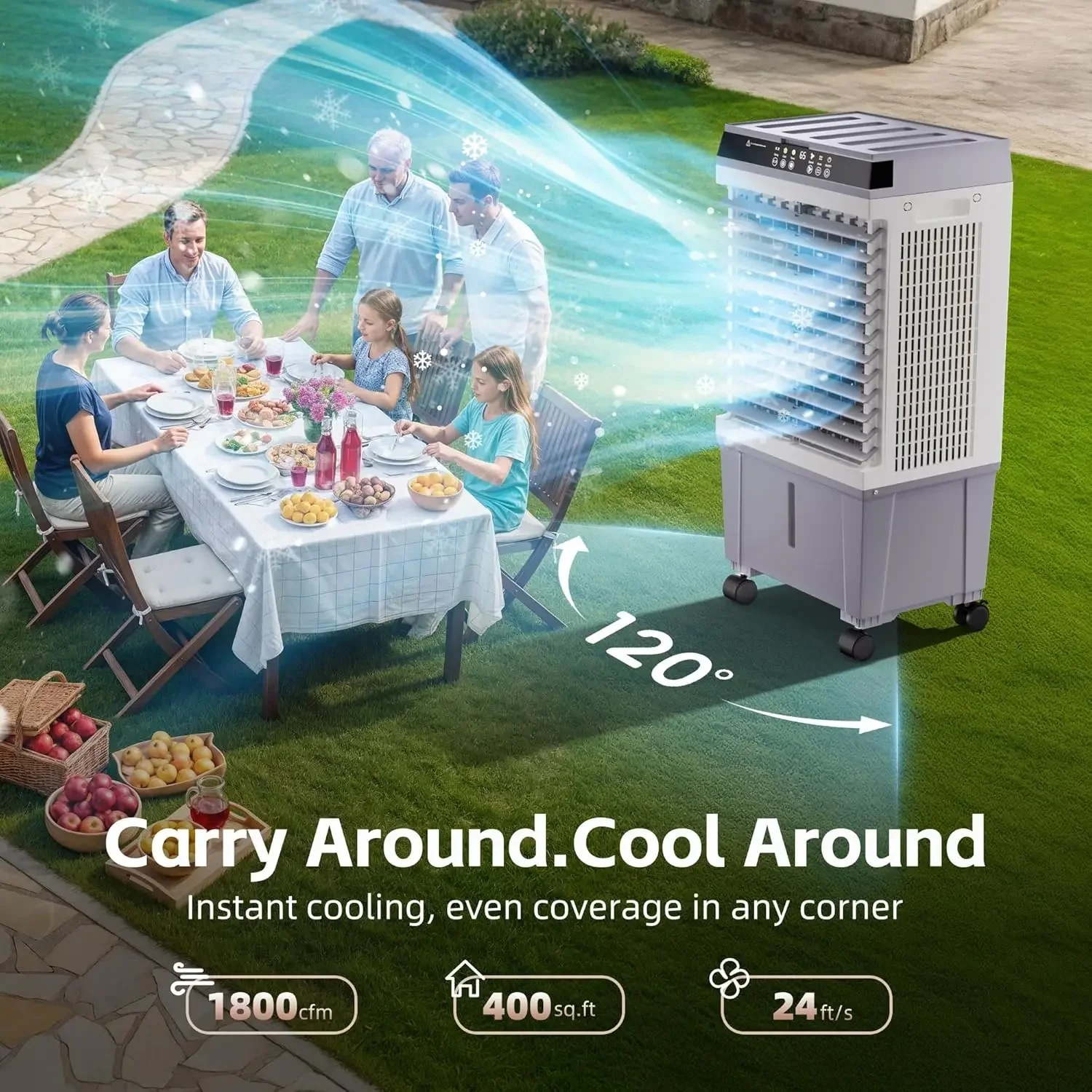 Refrigerador de ar evaporativo 3 em 1 com novo motor de cobre atualizado de 2025, tanque de água de 5,3 galões, 4 embalagens de gelo, temporizador 12H