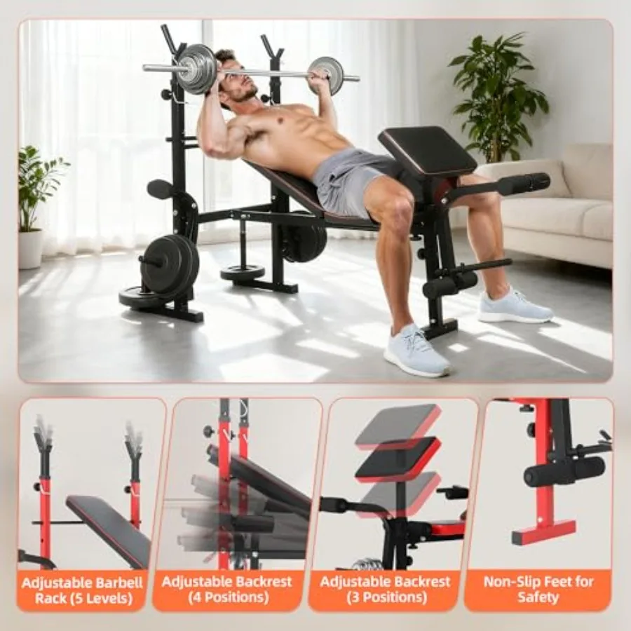 مقعد وزن 6 في 1 قابل للتعديل مع رف القرفصاء للاستخدام المنزلي، مقعد تدريب القوة قابل للطي عالي التحمل مثالي لكامل الجسم #5