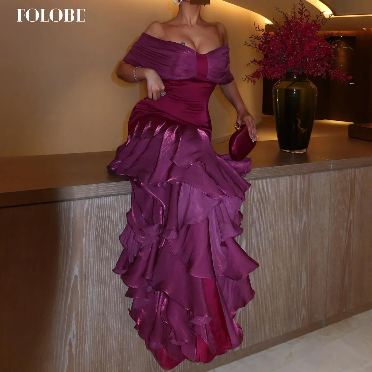 Folobe fora do ombro vestido de casamento sereia sem mangas em camadas babados princesa noiva mulher vestidos de casamento personalizado