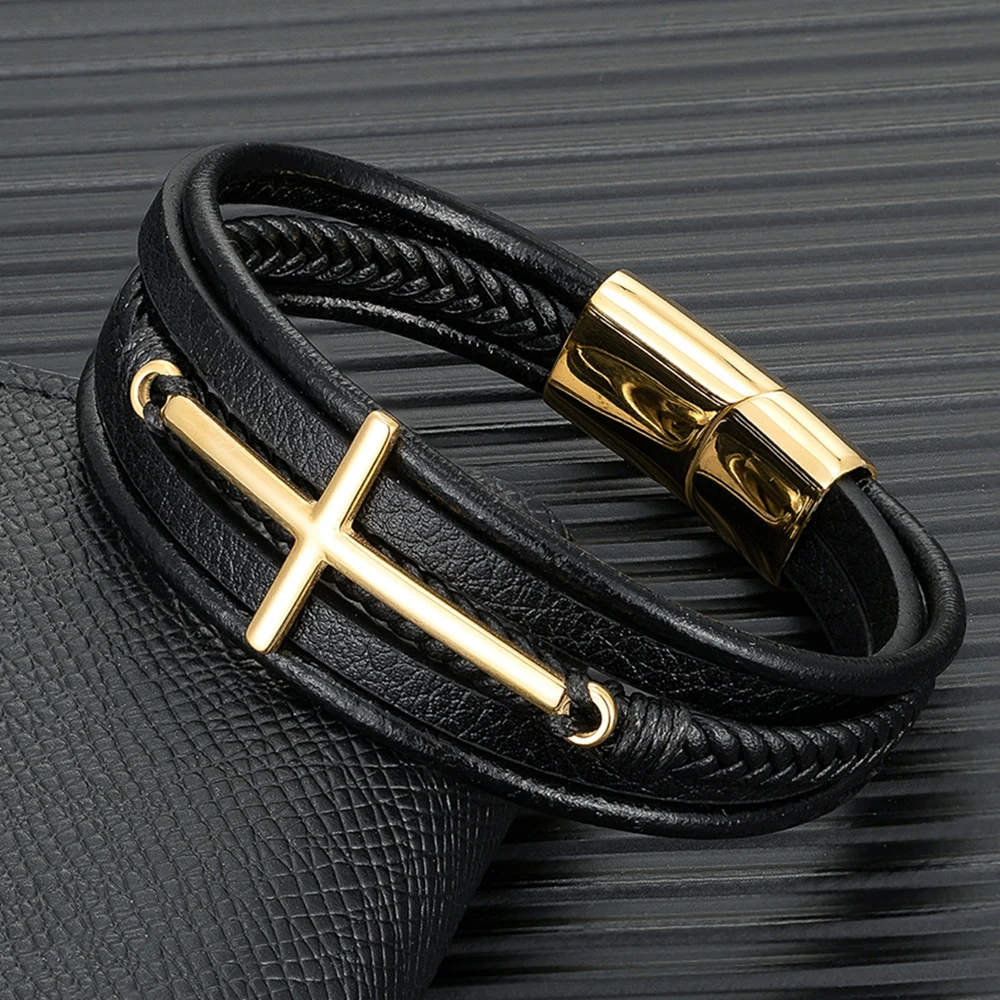 Classic Stainless Steel Cross Men's Bracelet Religion Hand-woven Multi-laye Leather Rope Bangle Fashion Jewelry Christmas Gifts