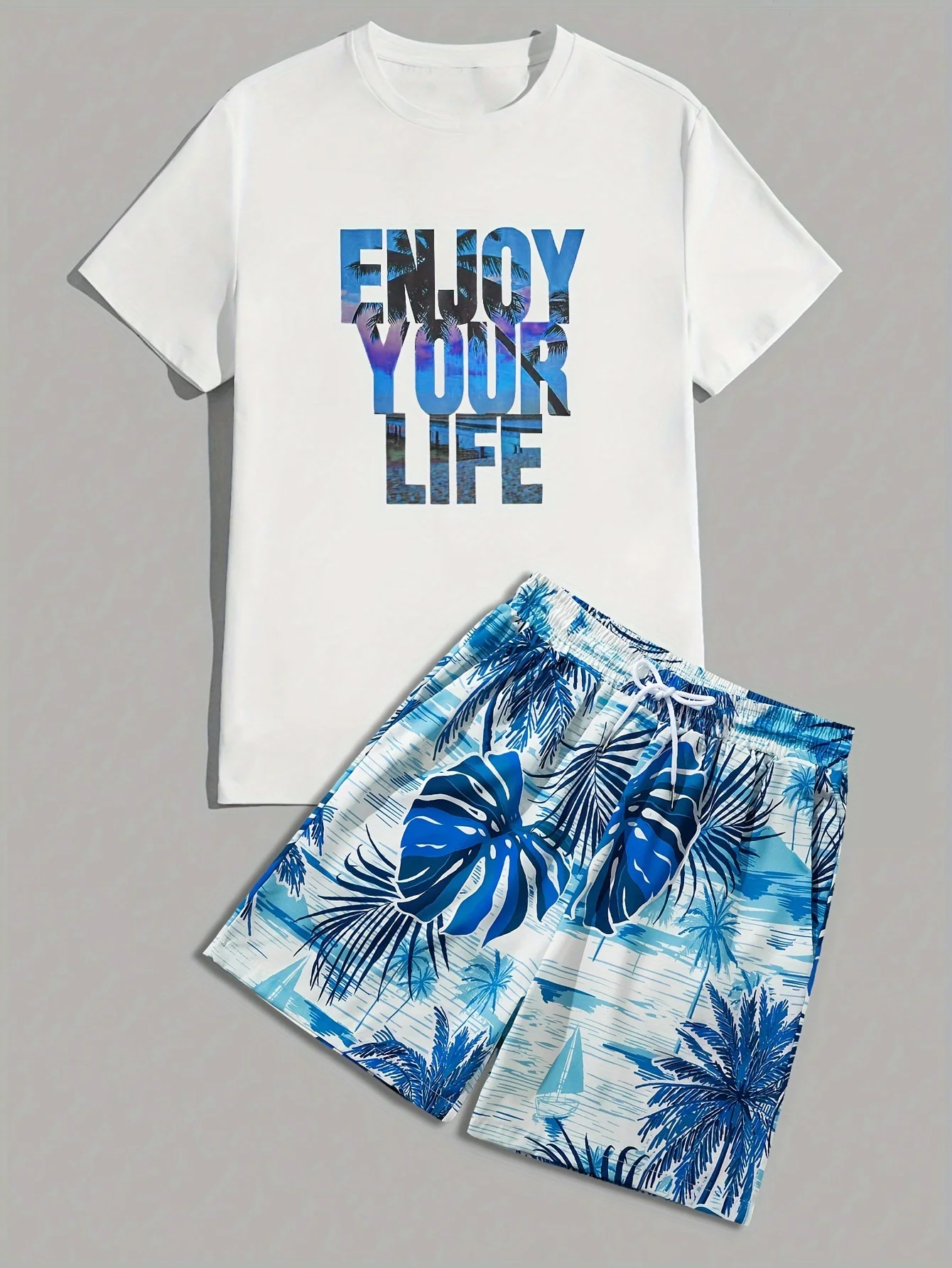 

Summer men's coconut tree irregular print men's two-piece short sleeved round neck T-shirt and drawstring shorts breathable set