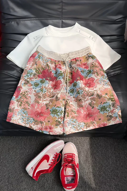 New Trendy Printing Men Pants 2026 Summer Fashion Floral Print Short Trousers Elastic Waist Outdoor Short Pants