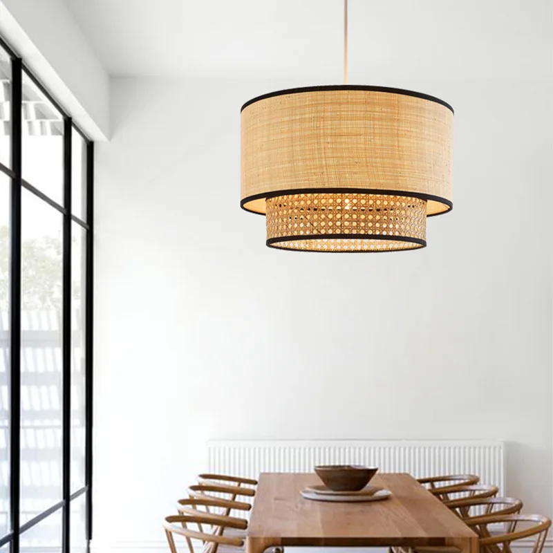 

Retro Pendant Lamp American Retro Bedroom Restaurant Hanging Lamp Cloth & Imitation rattan weaving Suspension Light