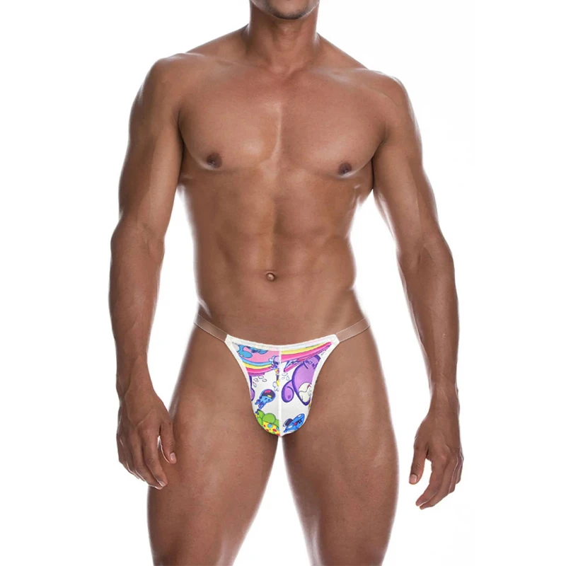 Men's Sexy Cartoon Print Bikini Briefs Ice Silk Transparent Waistband Underwear Low Rise Breathable Bulge Pouch Jockstrap