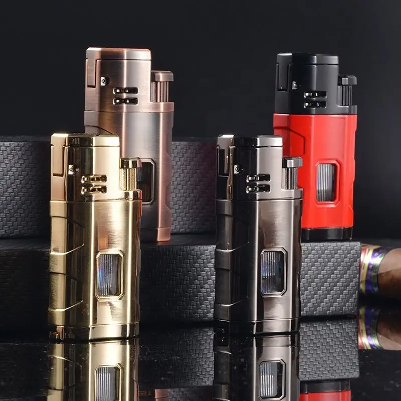 Briquet à butane multifonctionnel HONEST en métal, coupe-vent, turbo, 3 torches, flamme bleue, tube droit, briquet à cigare, cadeau pour homme