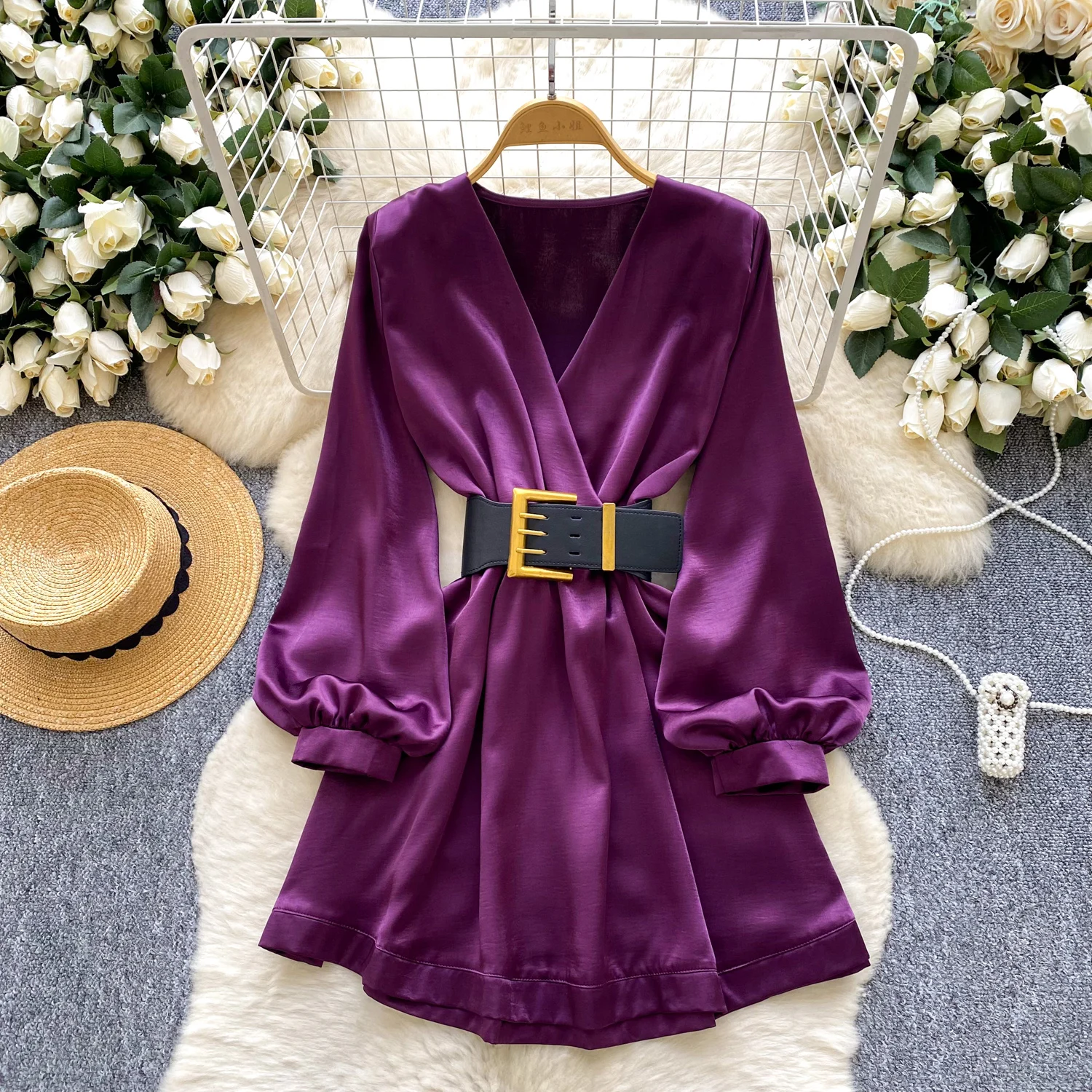 Chique sexy elegante satijnen V-hals ruches met lange mouwen A-lijn fee herfst vestidos deel dameskleding