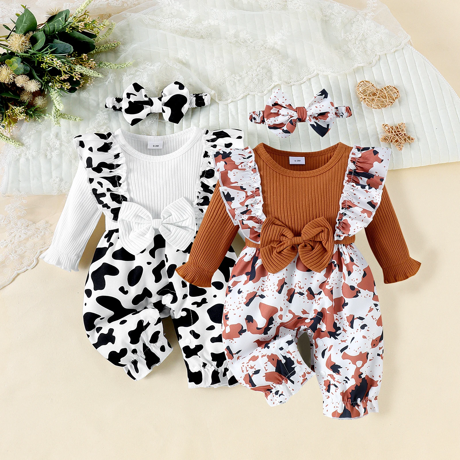 2PCS Autumn New Style 0-1 Year Old Girl Baby Fashionable Casual Round Collar Long-Sleeve Top Strap Jumpsuit