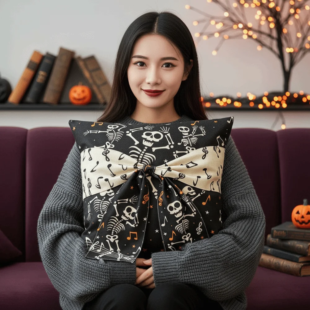 Polyester Halloween Cushion Cover Hidden Zipper Soft Texture Gothic Throw Pillow Vibrant Color 2D Printing Bow Knot Slipcover