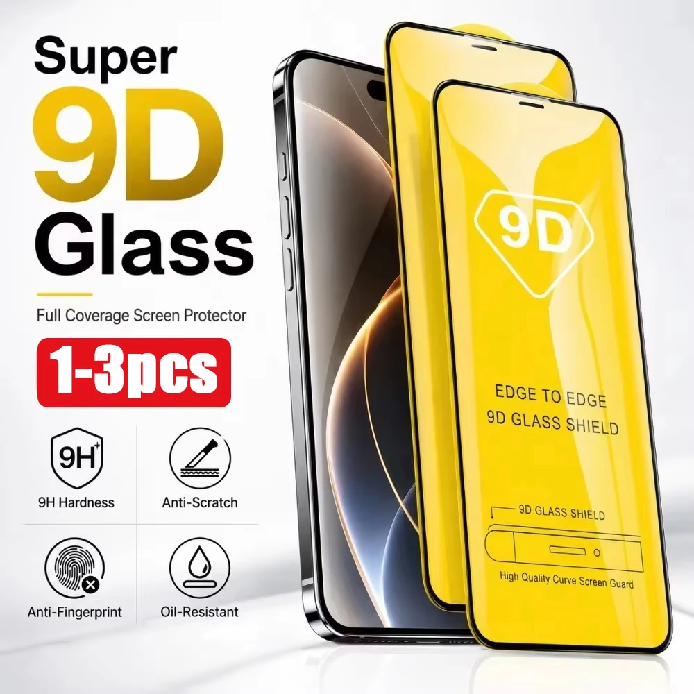 1-3PCS 9D Screen Protector Tempered Glass For iPhone 18 Pro Max 16 13 14 11 12 15 17 Pro 8 7 6 Plus X XR XS Max Tempered Glass