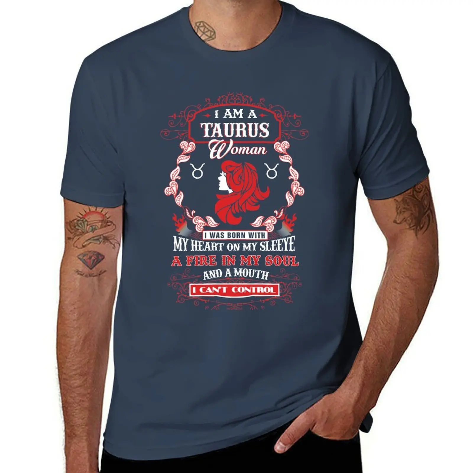 

a my woman with Taurus heart a soul in sleeve mouth my my and fire on T-Shirt Vintage Style Printed Top