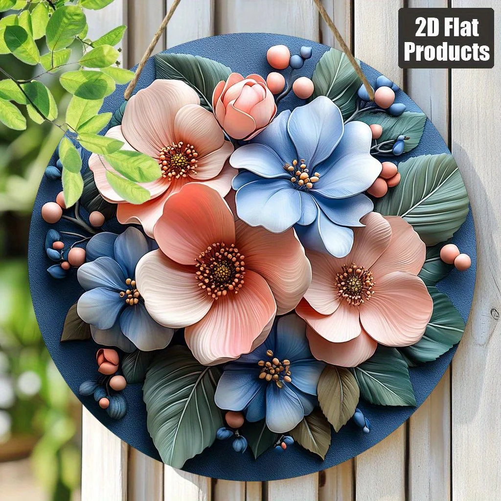 Ein flaches 2D-Stück rundes Holzschild mit Blumenmotiv, geeignet für Heimparty- und Festivaldekoration.