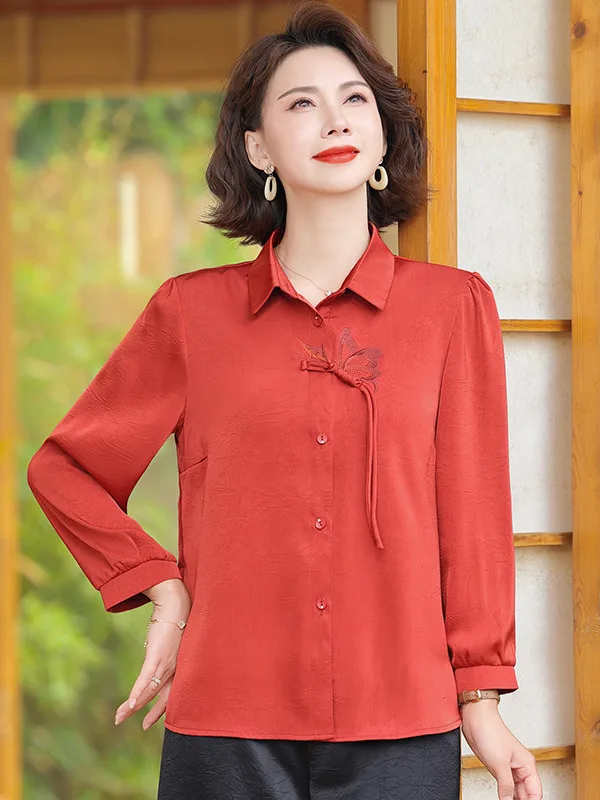 

Elegant Mid-Late Age Women's Shirt Seven-Quarter Sleeve Wedding Banquet Dress Fashionable Loose Fit Button-Up Neck