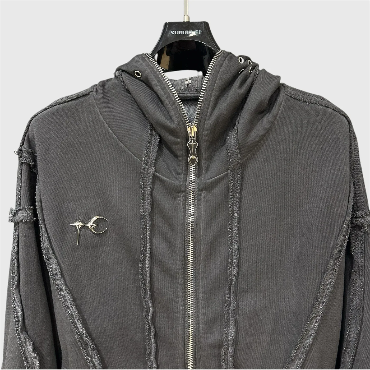 Spring and Autumn Women's New Vintage Zipper Mask Destruction Hooed Sweatshirt Splicing Water Washed Wax Printing Hoodie Coat