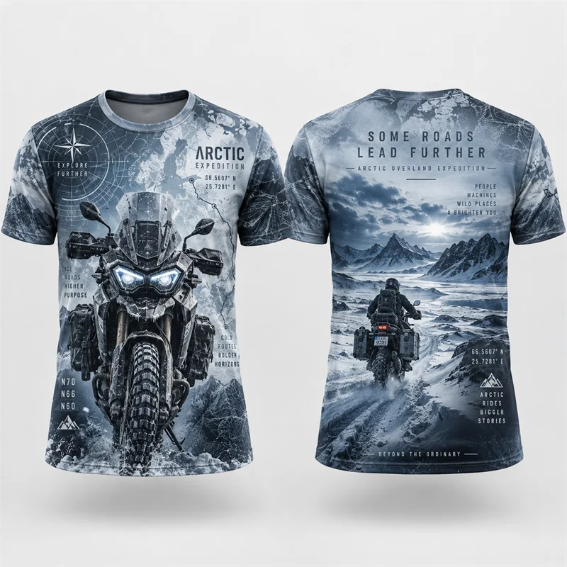 Arctic Motorcycle T Shirt Men Polar Expedition Biker Graphic Short Sleeve Winter Adventure Streetwear Casual Fashion Gift Tees