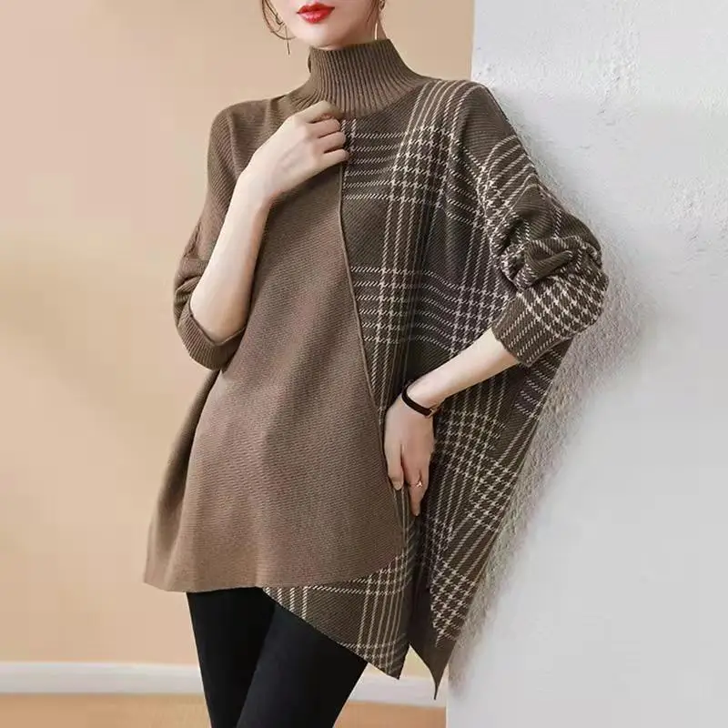 Autumn Winter Fashion Loose Plaid Irregular Sweaters Women's Clothing Vintage Temperament Batwing Sleeve Turtleneck Knitted Tops